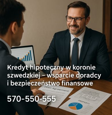 Konsultacja doradcy finansowego z klientem zainteresowanym kredytem hipotecznym w walucie SEK