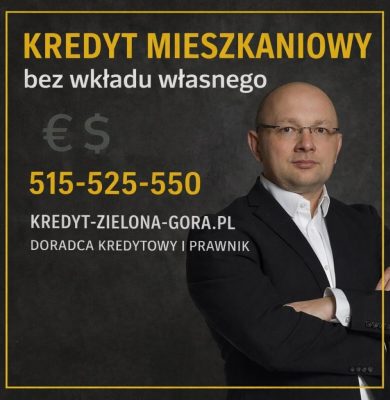 Kredyt mieszkaniowy bez wkładu własnego - doradca kredytowy i prawnik prezentujący ofertę finansowania nieruchomości bez oszczędności własnych. Grafika informacyjna dotycząca warunków, zdolności kredytowej 2026, bezpieczeństwa umowy i wsparcia eksperta w procesie kredytowym.