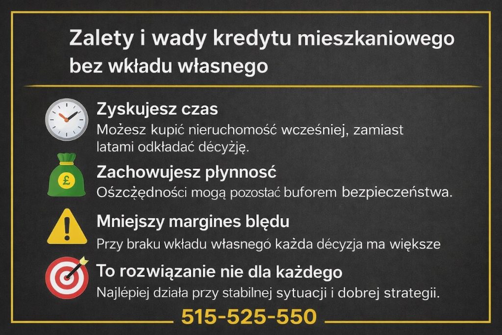 Infografika pokazująca zalety i wady rozwiązania, takie jak szybszy zakup nieruchomości, zachowanie płynności finansowej, mniejszy margines błędu oraz konieczność dobrej strategii przy stabilnej sytuacji finansowej.