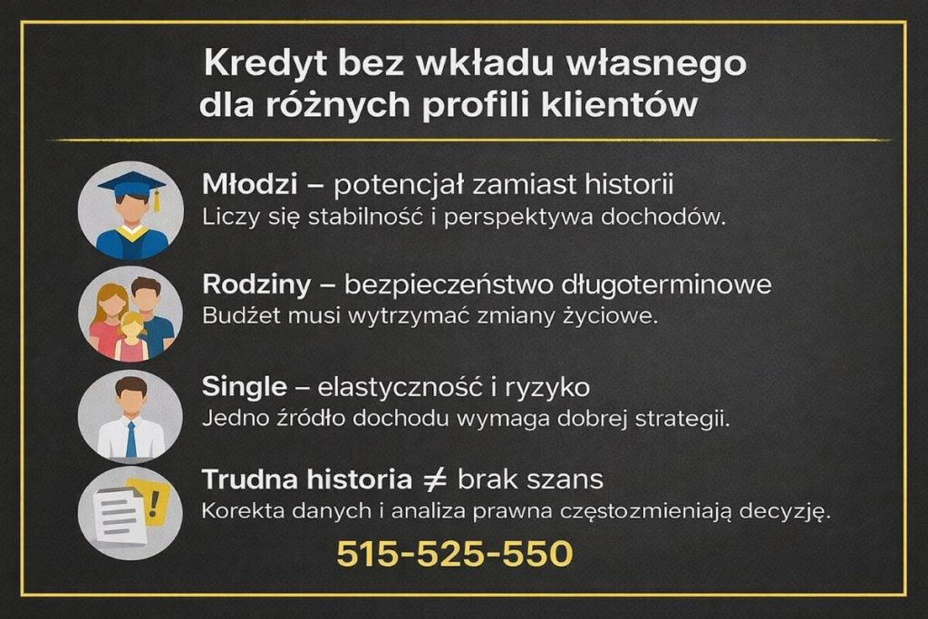Grafika przedstawiająca podejście do młodych, rodzin, singli oraz osób z trudną historią kredytową, z naciskiem na stabilność dochodów, bezpieczeństwo budżetu i analizę prawną.