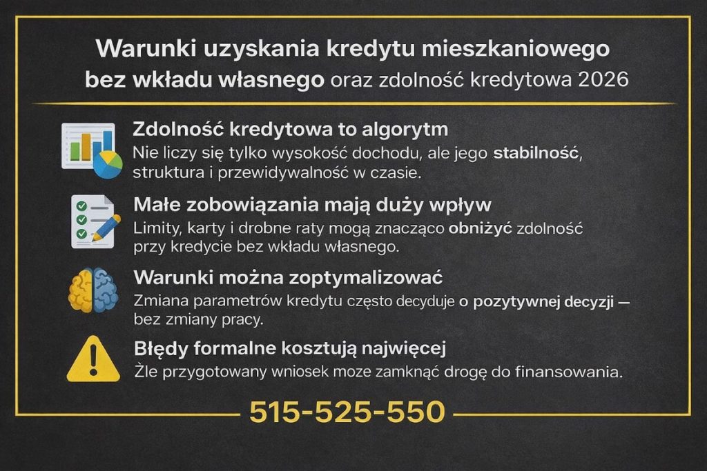 Finansowanie mieszkania bez wkładu własnego - grafika opisująca warunki uzyskania kredytu w 2026 roku, znaczenie zdolności kredytowej jako algorytmu, wpływ drobnych zobowiązań, możliwość optymalizacji parametrów oraz ryzyko błędów formalnych we wniosku.