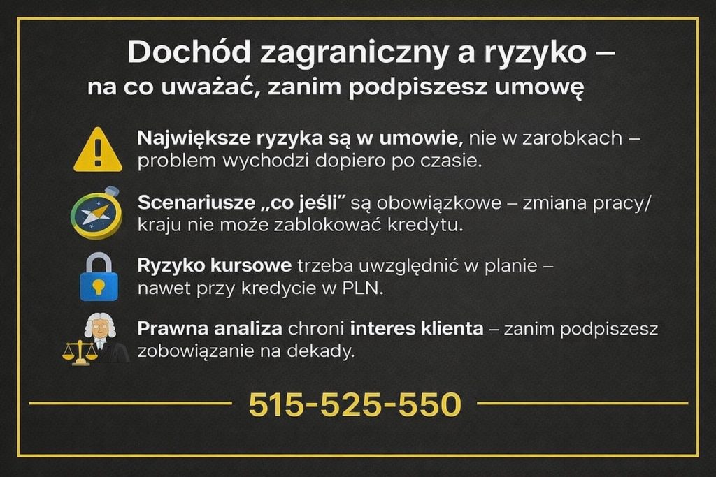 Najlepiej dobrany kredyt przy dochodzie zagranicznym - grafika pokazująca ryzyka związane z umową kredytową, scenariusze zmian pracy lub kraju oraz znaczenie analizy prawnej przed podpisaniem zobowiązania. Materiał edukacyjny dla osób pracujących za granicą.