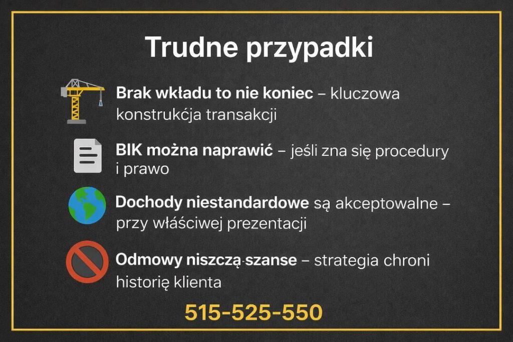 Trudne przypadki, takie jak brak wkładu własnego, historia BIK czy dochody niestandardowe. Grafika pokazuje, jak właściwa strategia i procedury chronią historię kredytową klienta.