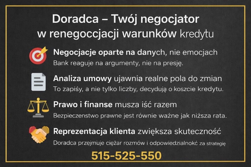 Infografika pokazuje negocjacje oparte na danych, analizę zapisów umowy, połączenie prawa i finansów oraz skuteczną reprezentację klienta w rozmowach z bankiem.