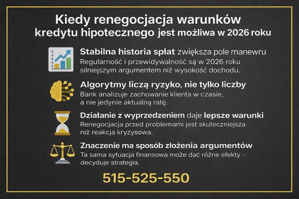 Renegocjacja warunków kredytu hipotecznego w 2026 roku - grafika wyjaśnia znaczenie stabilnej historii spłat, algorytmów oceny ryzyka, działania z wyprzedzeniem oraz właściwej strategii negocjacyjnej przy zmianie warunków umowy kredytowej.