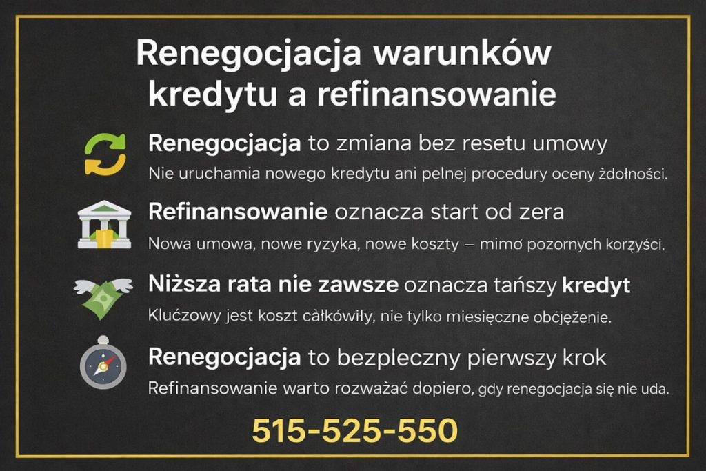 Grafika porównuje zmianę parametrów bez nowej umowy z refinansowaniem wymagającym nowej procedury, wskazując różnice w kosztach, ryzykach oraz wpływie na sytuację finansową kredytobiorcy.