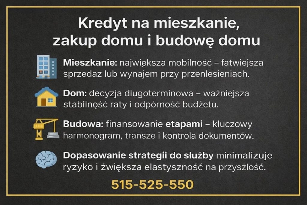 Kredyt hipoteczny dla wojskowych na mieszkanie, zakup domu lub budowę – grafika porównująca mobilność mieszkania, stabilność domu oraz finansowanie budowy etapami, z uwzględnieniem specyfiki służby i długoterminowego bezpieczeństwa finansowego.