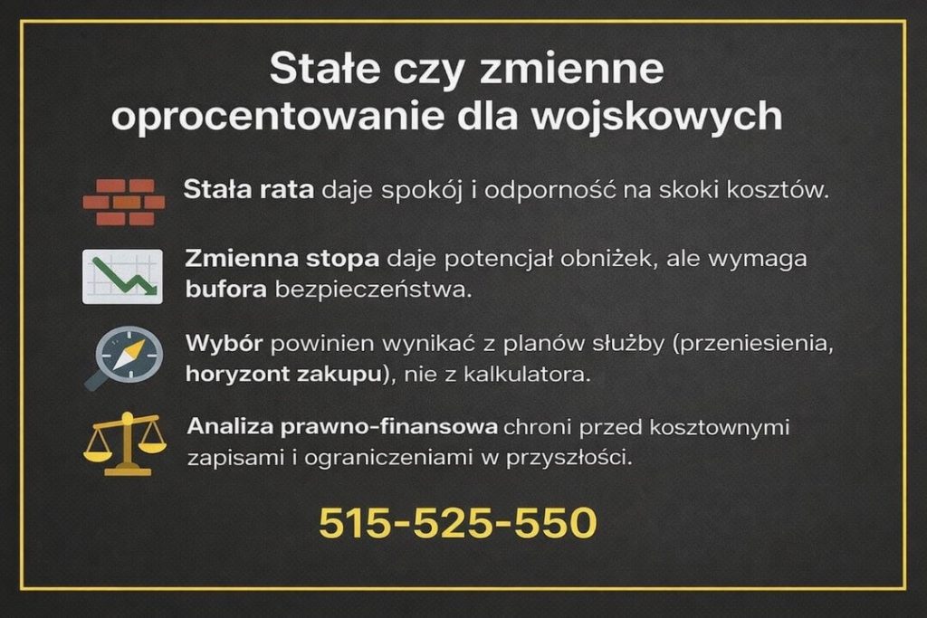 Oprocentowanie kredytu hipotecznego dla żołnierzy zawodowych - infografika porównująca stałą i zmienną stopę procentową, pokazująca znaczenie bufora bezpieczeństwa, planów służbowych oraz analizy prawno-finansowej przed podpisaniem umowy.