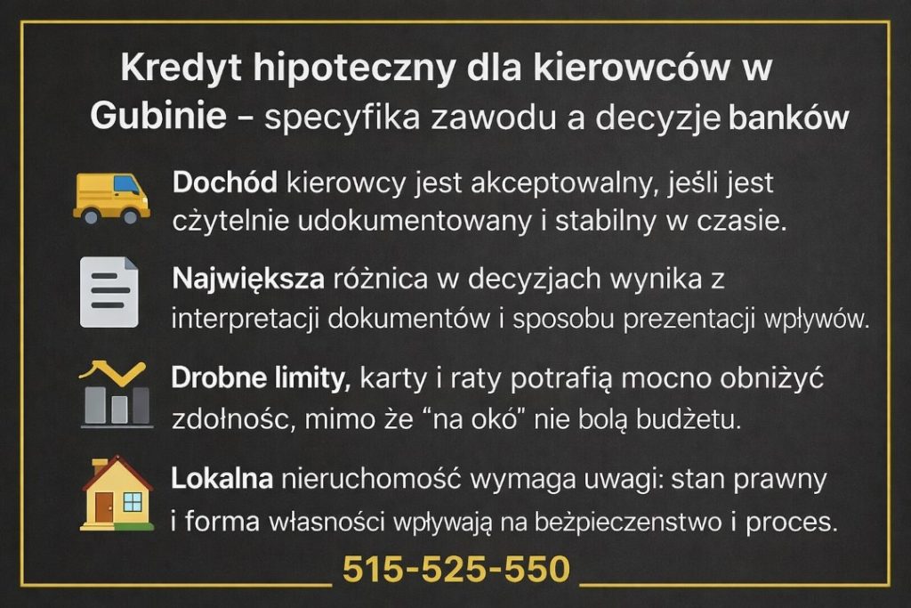 Kredyt hipoteczny dla kierowców w Gubinie – doradca kredytowy i prawnik wspierający kierowców zawodowych w bezpiecznym uzyskaniu kredytu na dom lub mieszkanie. Grafika podkreśla indywidualną analizę zdolności, dokumentów i ochronę interesów klienta.