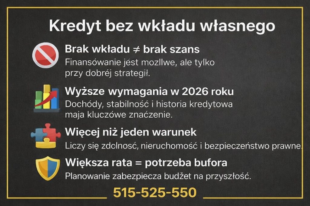 Kredyt Krosno Odrzańskie - kredyt bez wkładu własnego. Grafika wyjaśnia, że brak wkładu nie oznacza braku szans, ale wymaga dobrej strategii, stabilnych dochodów, odpowiedniej zdolności kredytowej oraz zabezpieczenia prawnego nieruchomości.