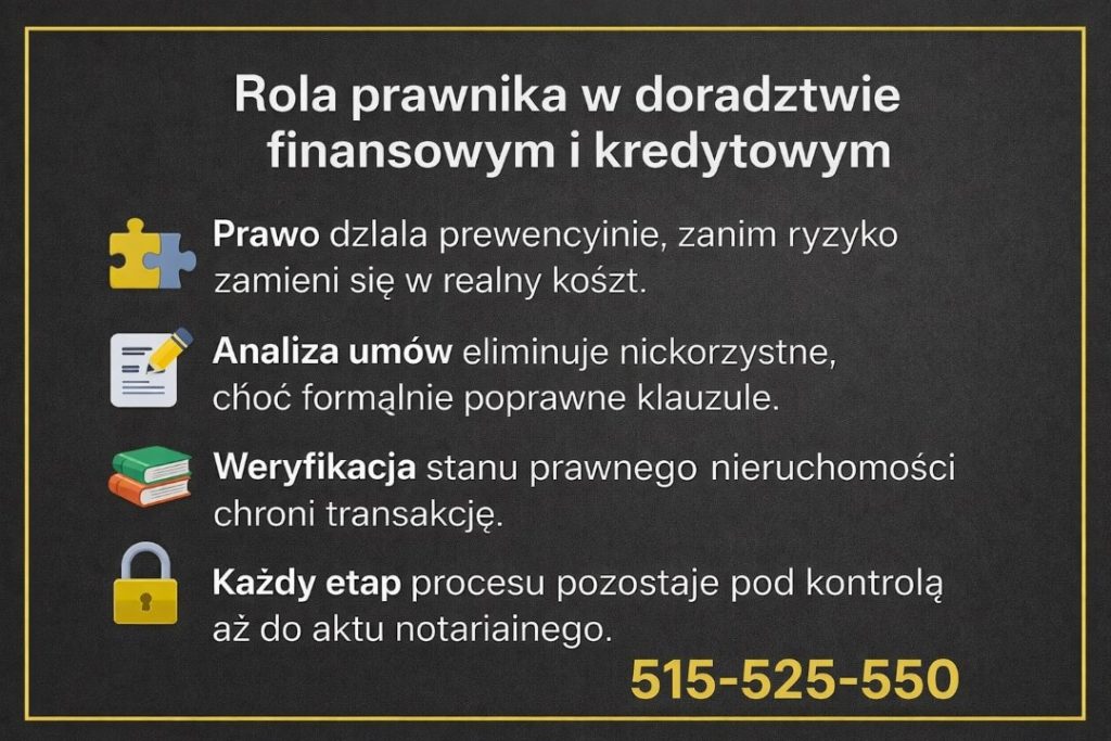 Doradca kredytowy i prawnik w jednym. Grafika przedstawia rolę prawa w doradztwie finansowym i kredytowym, prewencyjną analizę umów, weryfikację stanu prawnego nieruchomości oraz pełną kontrolę procesu aż do podpisania aktu notarialnego.