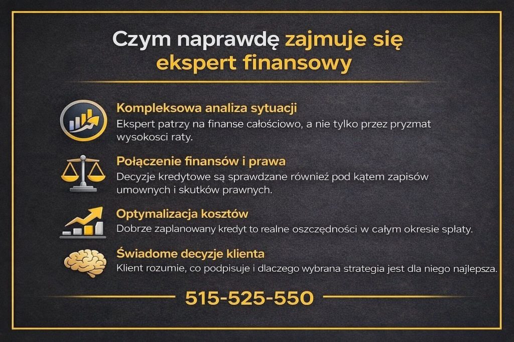 Doświadczony doradca finansowy w Nowej Soli wyjaśniający, czym naprawdę zajmuje się ekspert kredytowy. Grafika przedstawia kompleksową analizę finansów, łączenie wiedzy prawnej i kredytowej, optymalizację kosztów oraz świadome decyzje klienta.