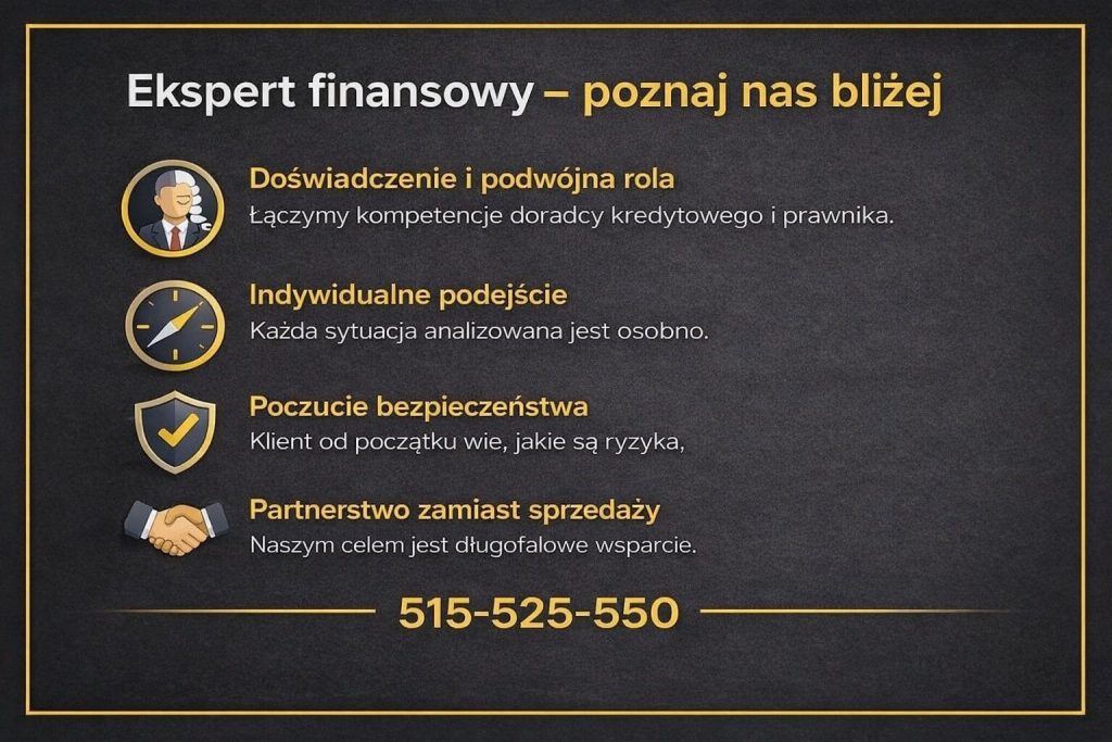 Profesjonalny ekspert kredytowy Nowa Sól prezentujący doświadczenie i indywidualne podejście do klienta. Grafika podkreśla podwójną rolę doradcy i prawnika, poczucie bezpieczeństwa oraz partnerską współpracę zamiast typowej sprzedaży produktów bankowych.