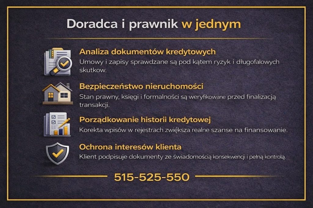 Doświadczony doradca finansowy w Nowej Soli wyjaśniający, czym naprawdę zajmuje się ekspert kredytowy. Grafika przedstawia kompleksową analizę finansów, łączenie wiedzy prawnej i kredytowej, optymalizację kosztów oraz świadome decyzje klienta.