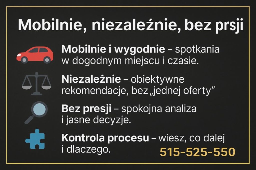 Ekspert kredytowy Zielona Góra oferujący mobilne i niezależne doradztwo kredytowe, spotkania w dogodnym miejscu i czasie, obiektywne rekomendacje bez presji sprzedażowej oraz pełną kontrolę procesu kredytu hipotecznego i decyzji finansowych klienta.
