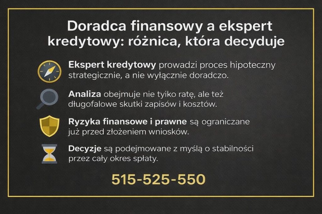 Porównanie roli doradcy finansowego i eksperta kredytowego. Grafika prezentuje strategiczne prowadzenie procesu hipotecznego, analizę długofalowych skutków kosztów i zapisów umownych oraz ograniczanie ryzyk finansowych i prawnych przed złożeniem wniosków.