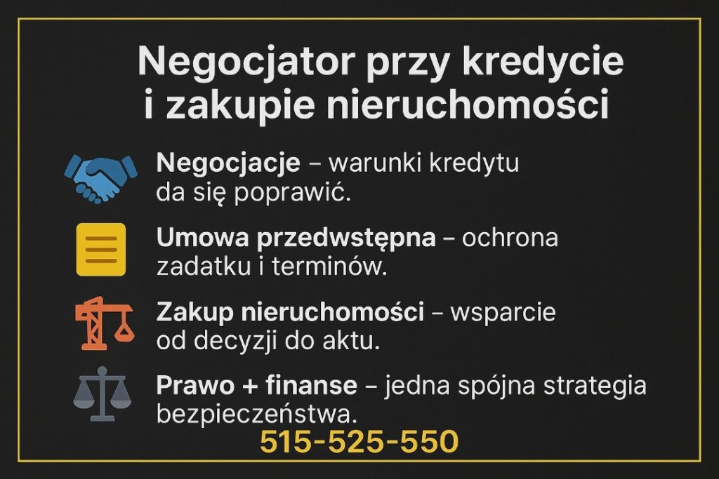 Wspieramy klientów w negocjacjach warunków kredytu hipotecznego, analizie umowy przedwstępnej, ochronie zadatku oraz bezpiecznym zakupie nieruchomości od pierwszej decyzji do podpisania aktu notarialnego.