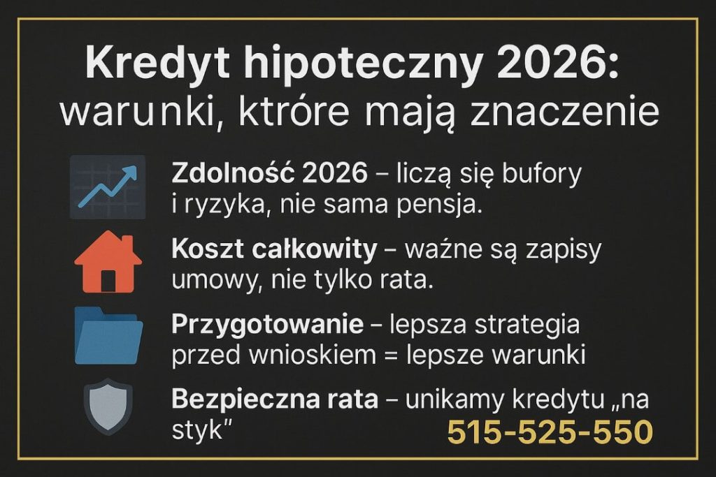 Niezależny ekspert od kredytów hipotecznych w Zielonej Górze wyjaśniający warunki kredytu 2026, realną zdolność kredytową, całkowity koszt zobowiązania, znaczenie zapisów umownych oraz bezpieczne przygotowanie do wniosku bez ryzyka kredytu na styk.