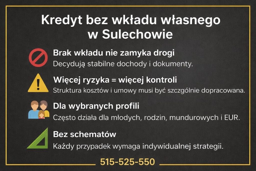 Finanse Sulechów - kredyt bez wkładu własnego dla mieszkańców miasta. Grafika wyjaśnia, że brak oszczędności nie zamyka drogi do finansowania, a kluczowe są stabilne dochody, właściwa dokumentacja oraz indywidualna strategia kredytowa dopasowana do sytuacji klienta.
