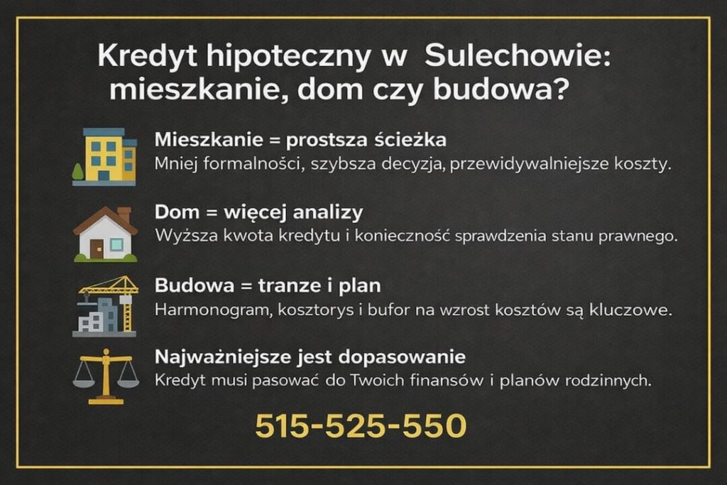 Finanse Sulechów - kredyt hipoteczny na mieszkanie, dom lub budowę. Infografika pokazuje różnice między formami finansowania, poziom formalności, analizę stanu prawnego nieruchomości oraz znaczenie dopasowania kredytu do planów rodzinnych i możliwości finansowych.