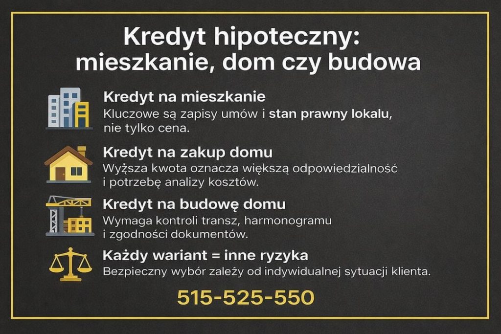 Finansowanie nieruchomości w Krośnie Odrzańskim - kredyt hipoteczny na mieszkanie, dom lub budowę. Grafika pokazuje różnice ryzyk, konieczność analizy umów, kontroli transz i harmonogramów oraz znaczenie indywidualnej sytuacji klienta.