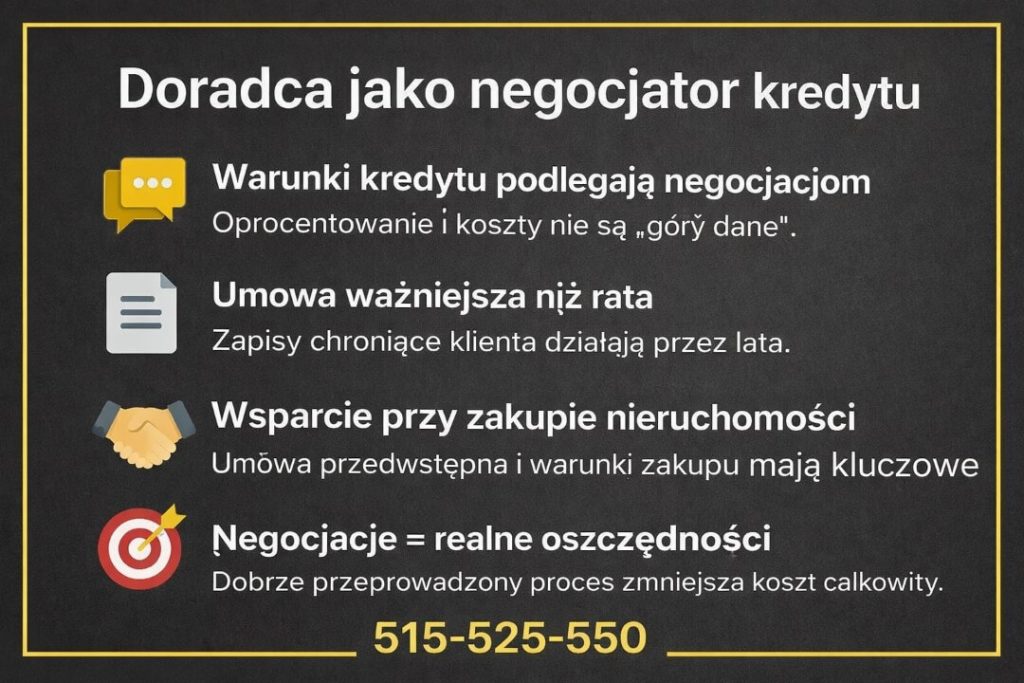 Negocjacje kredytu hipotecznego. Grafika podkreśla, że warunki kredytu nie są stałe, a analiza umowy, wsparcie przy zakupie nieruchomości i negocjacje realnie obniżają koszt całkowity finansowania.