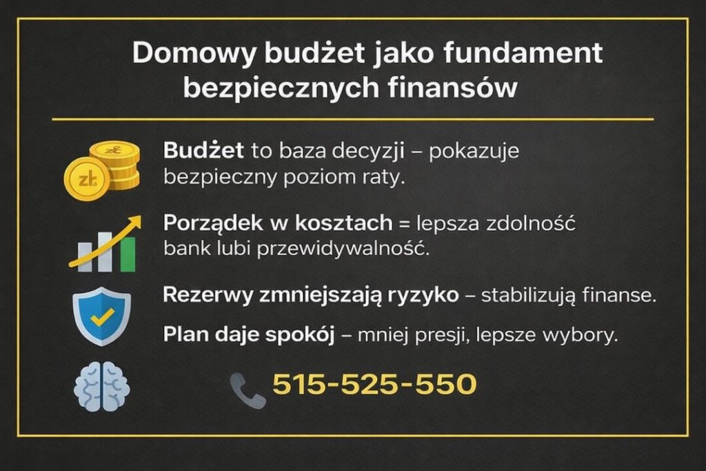 Domowy budżet jako fundament bezpiecznych finansów w Zielonej Górze. Grafika pokazuje, jak planowanie wydatków, porządek w kosztach i rezerwy finansowe wpływają na stabilność finansową oraz bezpieczne decyzje kredytowe w ramach finanse Zielona Góra.