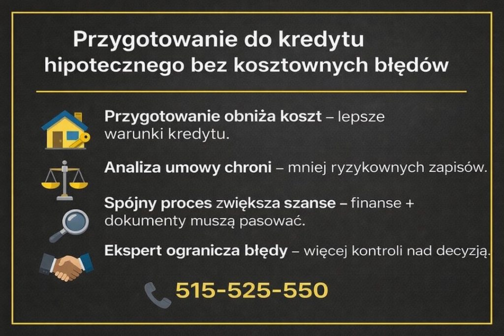 Przygotowanie do kredytu hipotecznego bez kosztownych błędów w Zielonej Górze. Grafika przedstawia znaczenie analizy umowy, spójnego procesu finansowego i wsparcia eksperta dla bezpiecznych decyzji kredytowych w obszarze finanse Zielona Góra.