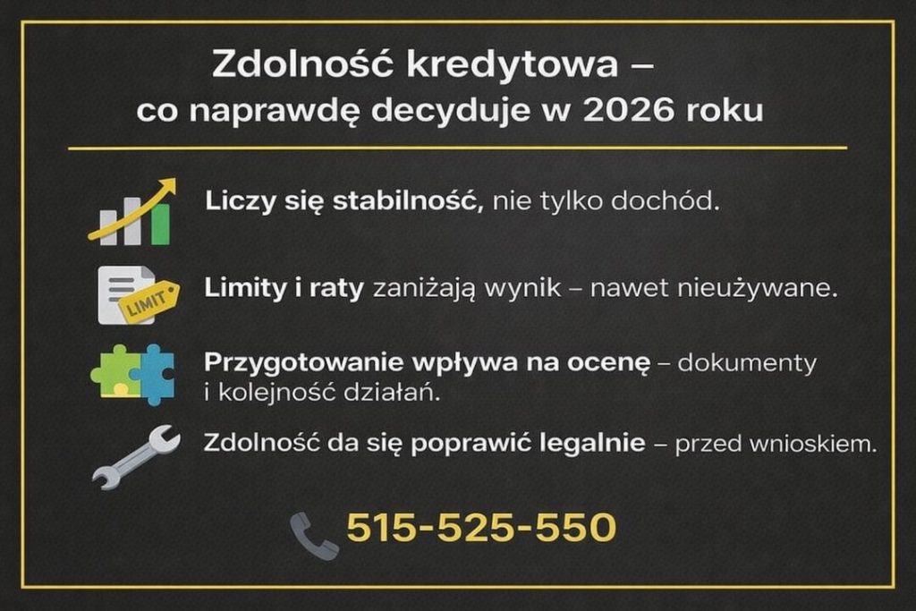 Zdolność kredytowa 2026 – co naprawdę decyduje w Zielonej Górze. Grafika pokazuje wpływ stabilności dochodu, limitów, rat oraz właściwego przygotowania dokumentów na ocenę banku i skuteczne planowanie finansów w ramach finanse Zielona Góra.