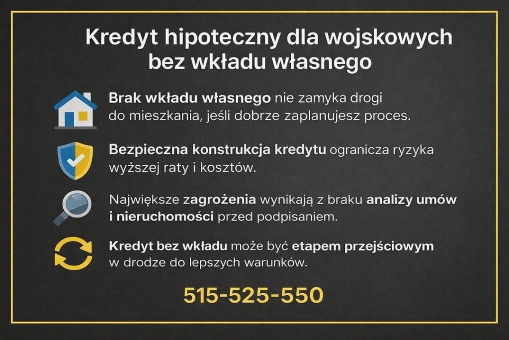 Kredyt bez wkładu własnego - infografika pokazująca, że brak oszczędności nie zamyka drogi do nieruchomości, pod warunkiem bezpiecznej konstrukcji kredytu oraz analizy umów i stanu prawnego nieruchomości.