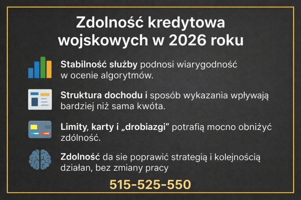 Zdolność kredytowa wojskowych w 2026 roku - infografika pokazująca, jak stabilność służby, struktura dochodu oraz limity kart i zobowiązań wpływają na ocenę banków przy ubieganiu się o kredyt hipoteczny dla wojskowych i służb mundurowych.