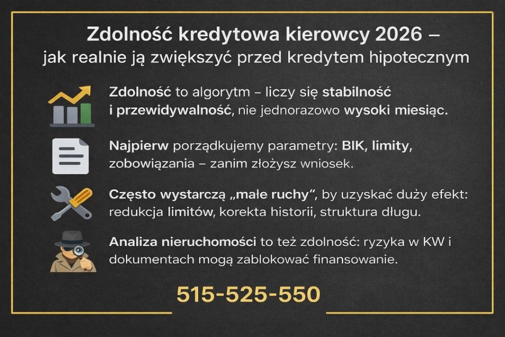 Kredyt hipoteczny kierowcy Gubin - zdolność kredytowa kierowcy w 2026 roku. Grafika pokazuje, że zdolność to algorytm oparty na stabilności dochodów, historii BIK, limitach i analizie nieruchomości, które mogą wpłynąć na decyzję banku.