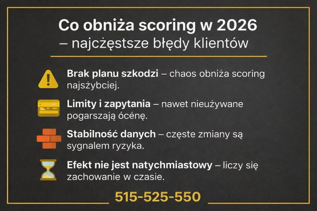 Scoring kredytowy Zielona Góra – infografika pokazująca, co obniża ocenę punktową w 2026 roku. Brak planu finansowego, limity kredytowe, zapytania bankowe, niestabilne dane oraz błędne decyzje wpływające negatywnie na scoring i szanse na kredyt hipoteczny.