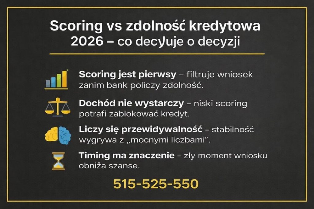 Scoring kredytowy Zielona Góra – infografika porównująca scoring i zdolność kredytową w 2026 roku. Pokazuje, że scoring filtruje wniosek przed analizą dochodu, liczy się przewidywalność, stabilność finansowa oraz właściwy moment złożenia wniosku kredytowego.