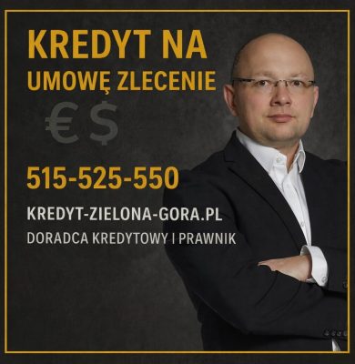 Kredyt na umowę zlecenie w Zielonej Górze - doradca kredytowy i prawnik prezentujący bezpieczne podejście do kredytu hipotecznego. Grafika pokazuje eksperta analizującego zdolność kredytową, dokumenty i strategię finansowania dla osób pracujących na umowie zlecenie.