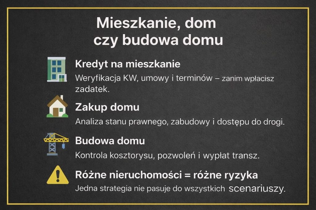 Kredyt hipoteczny EUR Świebodzin – grafika porównująca kredyt na mieszkanie, zakup domu i budowę domu. Doradca kredytowy i prawnik analizuje księgę wieczystą, umowy, pozwolenia i ryzyka prawne, pomagając bezpiecznie wybrać najlepszy sposób finansowania nieruchomości.