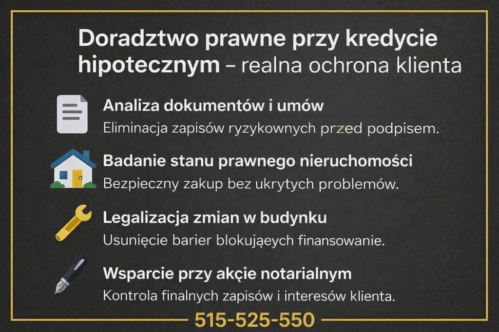 Doradca kredytowy Międzyrzecz oferujący doradztwo prawne przy kredycie hipotecznym. Grafika przedstawia analizę dokumentów i umów, badanie stanu prawnego nieruchomości, legalizację zmian w budynku oraz wsparcie klienta przy akcie notarialnym.