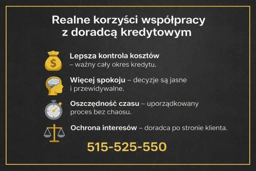 Doradca kredytowy Słubice przedstawiający realne korzyści współpracy przy kredycie hipotecznym, takie jak lepsza kontrola kosztów, spokojny proces decyzyjny, oszczędność czasu oraz pełna ochrona interesów klienta na każdym etapie finansowania nieruchomości.