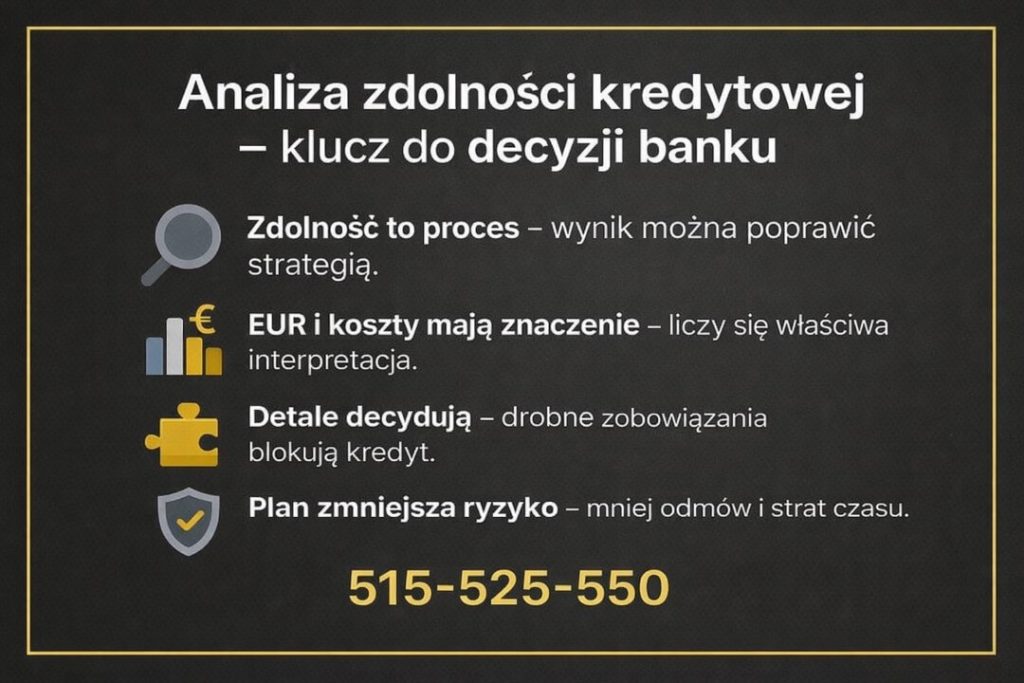 Doradca kredytowy Słubice wykonujący analizę zdolności kredytowej jako klucz do decyzji banku, z uwzględnieniem dochodów w EUR, kosztów utrzymania, drobnych zobowiązań oraz strategii ograniczającej ryzyko odmowy kredytu hipotecznego.
