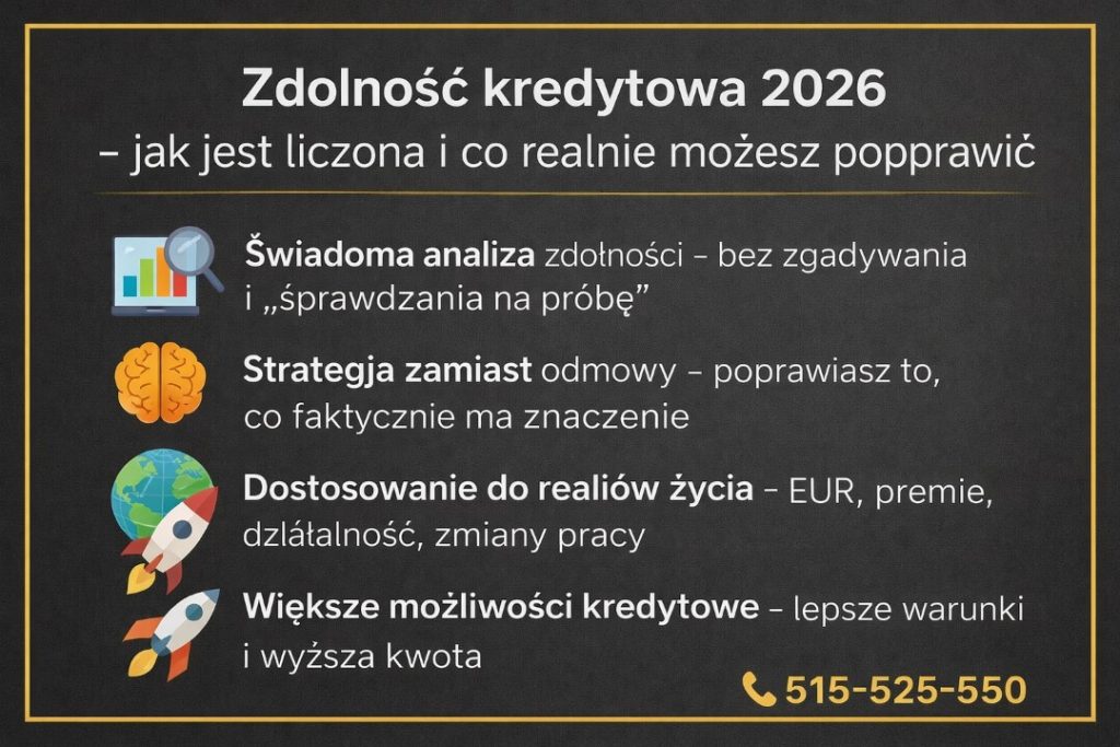Kredyt hipoteczny Słubice w kontekście zdolności kredytowej 2026. Grafika informacyjna przedstawia świadomą analizę zdolności, strategię zamiast odmowy, dostosowanie do realiów życia takich jak dochody w EUR czy zmiany pracy oraz większe możliwości kredytowe.