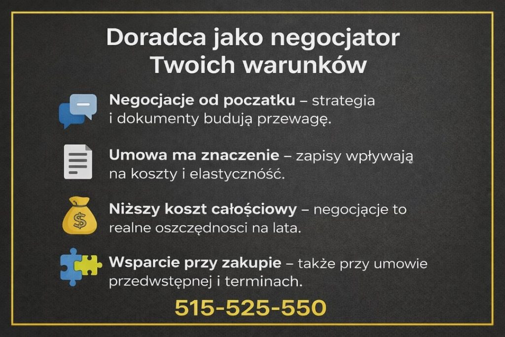Doradca kredytowy jako negocjator warunków umowy. Kredyt z naciskiem na zapisy umowy, koszty całkowite i elastyczność spłaty. Profesjonalne wsparcie przy negocjacjach oraz umowie przedwstępnej i terminach transakcji.