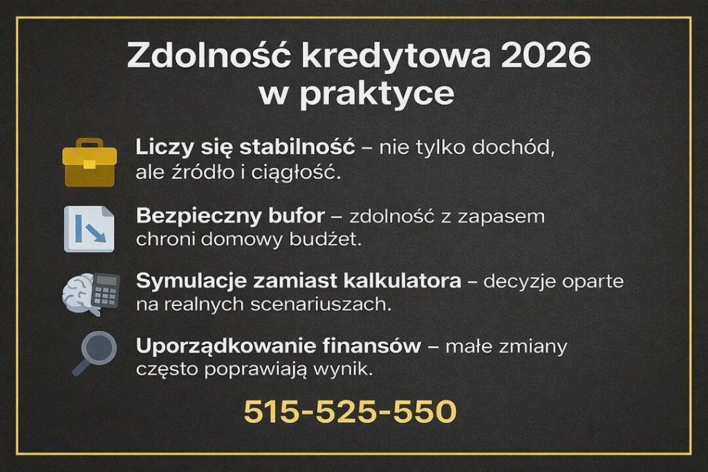 Zdolność kredytowa 2026 w praktyce przy finansowaniu nieruchomości w Sulęcinie. Analiza stabilności dochodów, bezpiecznego bufora i realnych symulacji zamiast kalkulatora. Doradca kredytowy pomaga poprawić wynik i przygotować się do kredytu.