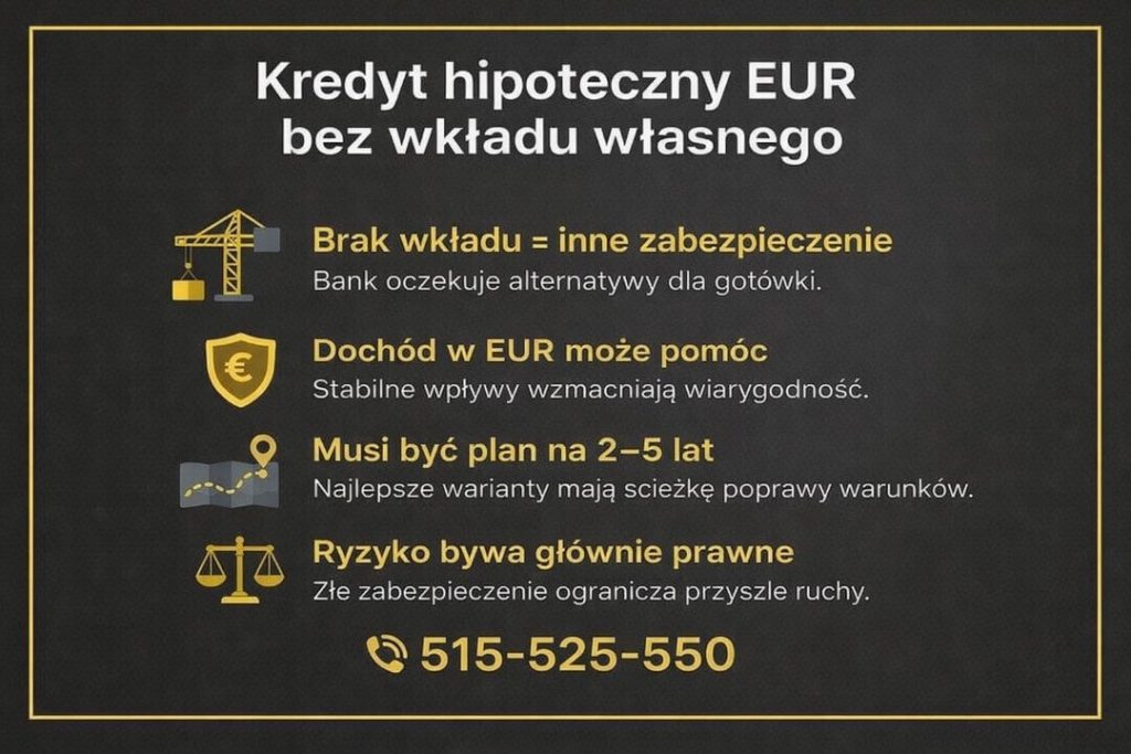 Kredyt hipoteczny EUR Sulęcin bez wkładu własnego - infografika pokazująca alternatywne zabezpieczenia, rolę dochodów w euro, konieczność planu na 2–5 lat oraz znaczenie analizy prawnej. Materiał dla osób pracujących za granicą szukających bezpiecznego finansowania nieruchomości.