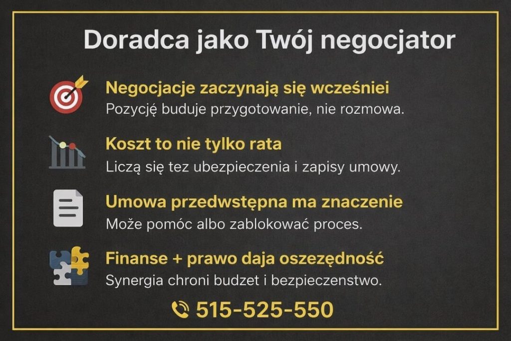 Kredyt hipoteczny EUR Sulęcin - doradca jako negocjator prezentujący kluczowe elementy obniżania kosztu kredytu: przygotowanie strategii, analizę zapisów umowy, znaczenie umowy przedwstępnej oraz połączenie wiedzy finansowej i prawnej dla bezpieczeństwa klienta.