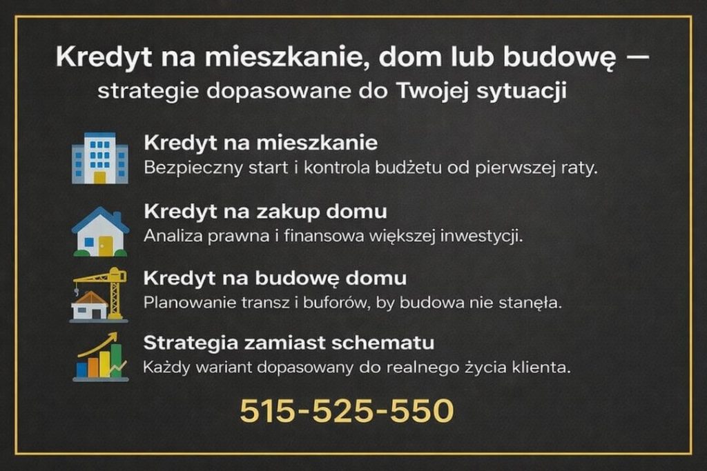 Ekspert w Międzyrzeczu prezentujący strategie finansowania mieszkania, zakupu domu oraz budowy domu. Grafika pokazuje planowanie transz, analizę prawną i finansową inwestycji oraz indywidualne dopasowanie kredytu do realnej sytuacji klienta.