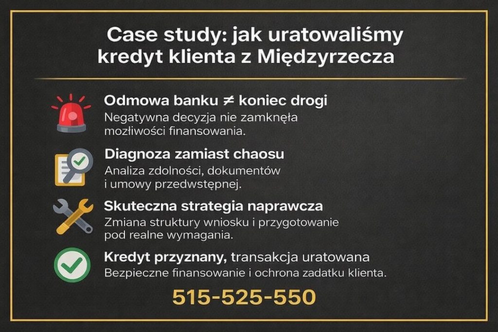 Case study uratowanego kredytu po odmowie banku. Grafika pokazuje diagnozę zdolności kredytowej, naprawę struktury wniosku oraz skuteczne doprowadzenie do bezpiecznego finansowania i ochrony zadatku.