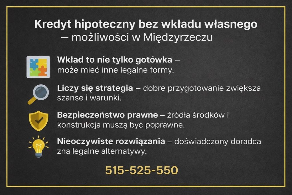 Kredyt hipoteczny Międzyrzecz bez wkładu własnego – infografika pokazująca legalne możliwości finansowania zakupu mieszkania lub domu. Doradca kredytowy i prawnik wyjaśnia znaczenie strategii, bezpieczeństwa prawnego oraz nieoczywistych rozwiązań zwiększających szanse na kredyt.