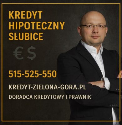Kredyt hipoteczny Słubice - doradca kredytowy i prawnik przedstawiony na grafice promocyjnej. Profesjonalne wsparcie przy kredycie na mieszkanie lub dom, analiza zdolności kredytowej 2026, negocjacje warunków kredytu i pełne bezpieczeństwo prawne dla klientów z regionu Słubic.