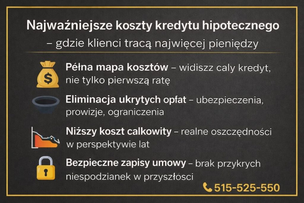 Koszty zaprezentowane na czytelnej infografice. Grafika pokazuje pełną mapę kosztów kredytu, eliminację ukrytych opłat, obniżenie całkowitego kosztu zobowiązania oraz bezpieczne zapisy umowy chroniące klienta w przyszłości.