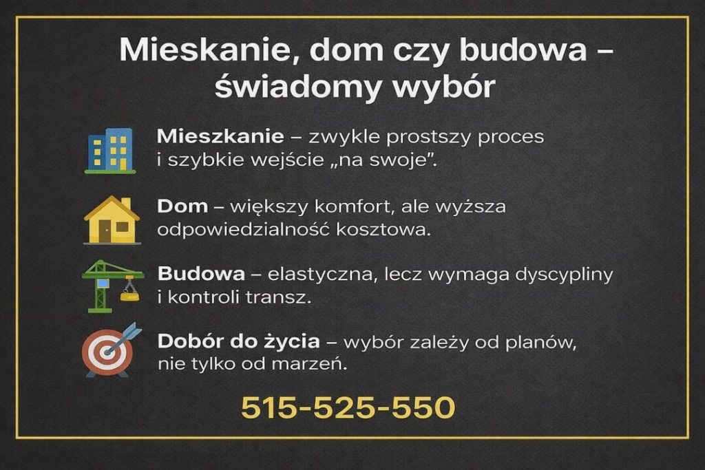 Mieszkanie, dom czy budowa – infografika pokazująca różnice w finansowaniu nieruchomości. Kredyt hipoteczny Sulęcin z analizą kosztów, komfortu i odpowiedzialności finansowej. Doradca kredytowy pomaga dobrać rozwiązanie dopasowane do planów życiowych i budżetu.